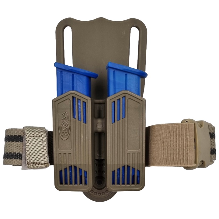 Toc pentru incarcatoare AKAR RELOAD MidRide, coyote, tan, semi-universal, pentru picior, ambidextru, negru, accepta incarcatoare metalice pentru calibrul 9mm Beretta, Canik, CZ, ajustabil in unghi si inaltime, platforma de centura inclusa in pachet