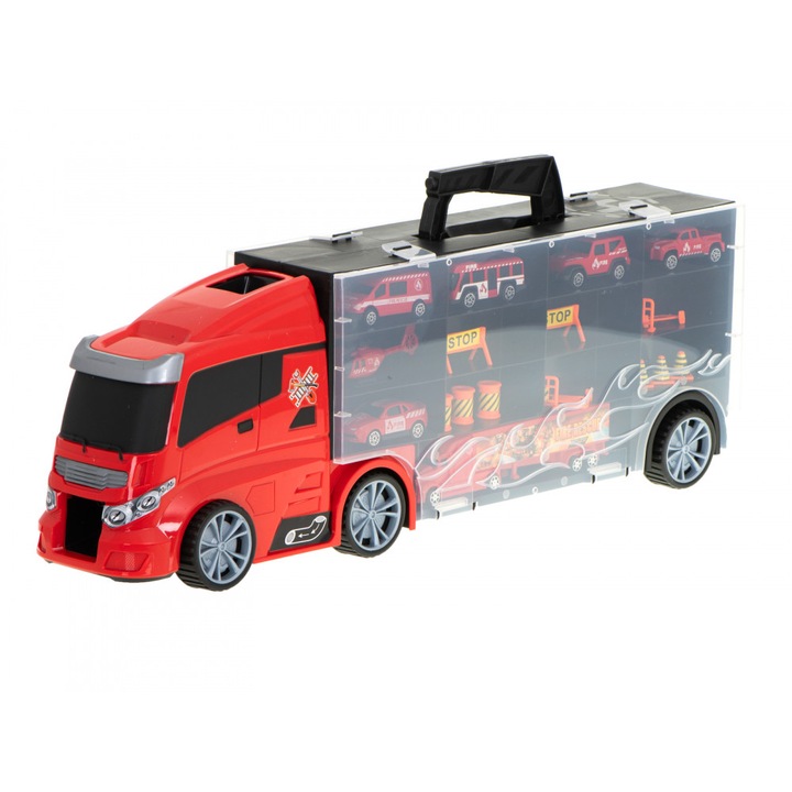 Set Camion Transportor de pompieri cu 7 vehicule Red