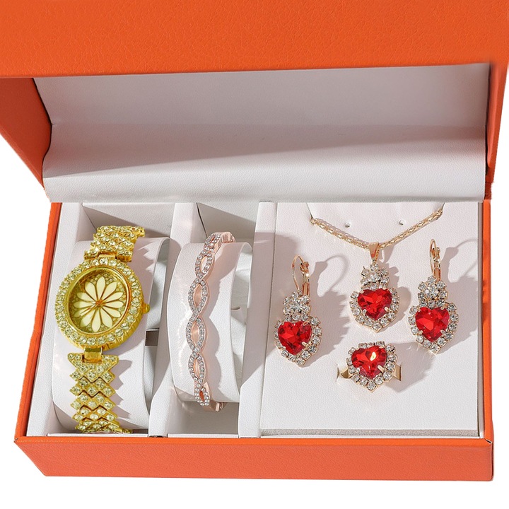 Set bijuterii, ceas auriu, bratara, colier, inel, cercei, accesorii femei, pentru ocazii, business, casual, Auriu, OptimStar®