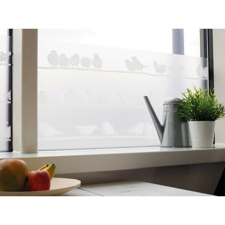 Folie statica fara lipici care mareste intimitatea, 45 x 50 cm, DecoMeister®, Model Vrabii, G076-045-0050