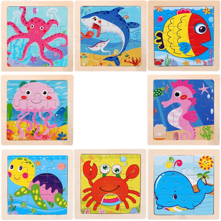 Set de puzzle din lemn pentru copii de 2-6 ani cu animale marine, Fericire™, 8 modele, 11*11*0.4cm, multicolor, multi-colorat, Total 72 de piese