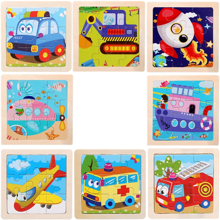 Puzzle din lemn, Fericire, Avioane, Masini, Masini, Masini de pompieri, Autobuze, Rachete, Barci, Excavatoare, Varsta 2-6 ani, Multicolor, Total 72 de piese