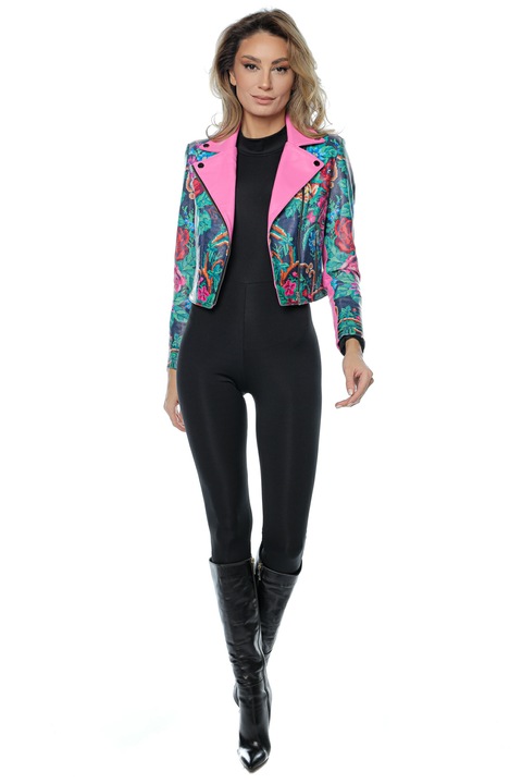 Geaca Frida Piele Naturala - Traditional Floral Print, Roz, S INTL