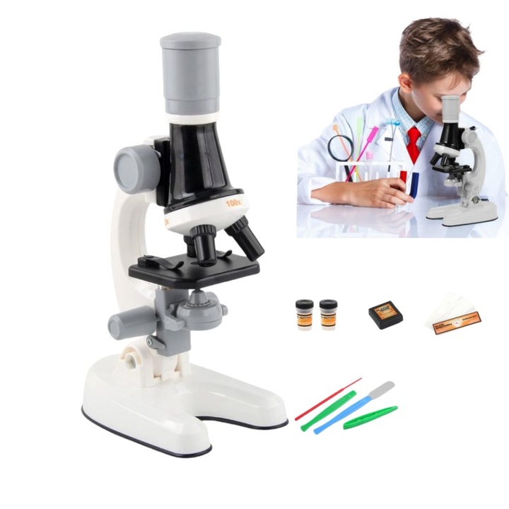 Set microscop pentru copii, BOMSTOM, lampa LED, lentila de mare putere 100X-400X, unghi reglabil, Cu sticla de colectare si unealta mica, folosit pentru observarea insectelor, celulelor, 12X22X8cm, alb