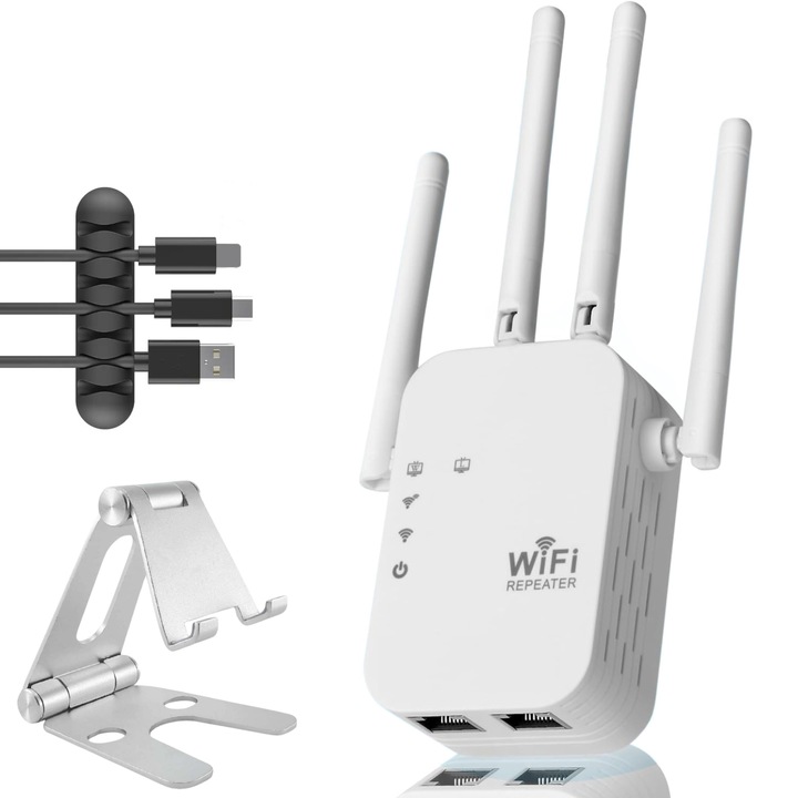 Amplificator Semnal Wireless TerraKamp ™, 1200Mbps Transfer, Dual-Band 2.4G-5G, Conexiune WPA/WPA2, 4x Antene cu Tehnologie MIMO, 2x Porturi LAN, Organizator Cabluri si Suport Telefon incluse