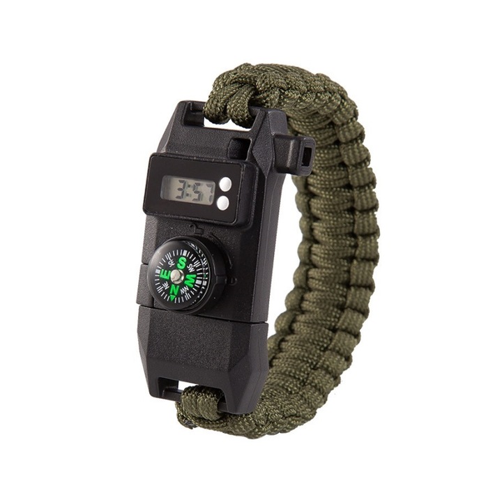 Bratara de supravietuire in aer liber, 7 in 1, BOMSTOM, busola, fluier, cutit T, verde, 23 cm