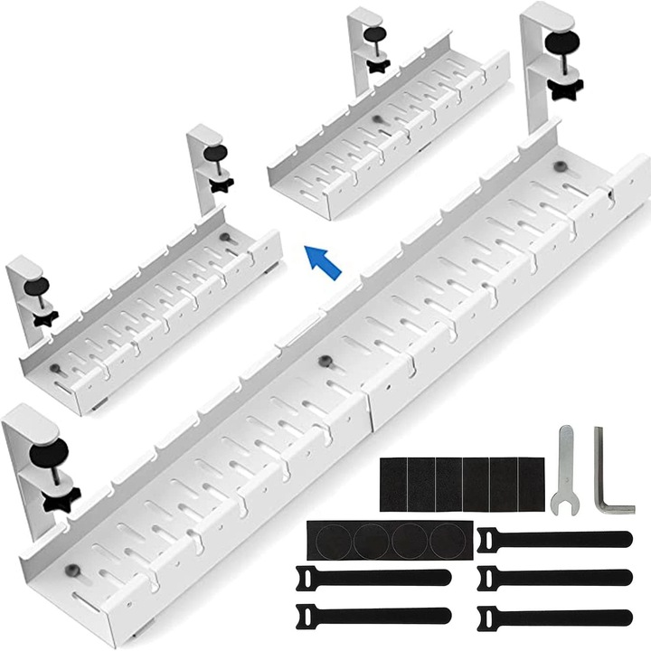 Tava de gestionare a cablurilor retractabila de sub birou de 21,7 inci, WALALLA, fara gaurit, montat cu clema, metal robust, pentru biroul acasa, Alb Pur