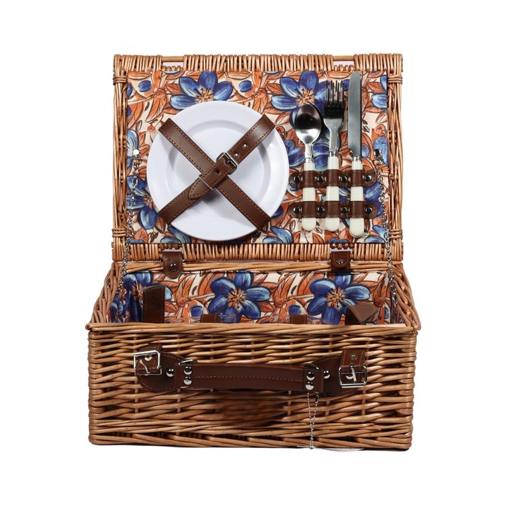 Кошница за пикник за 2 души от естествена ракита, със съдове и прибори, кафяво/на цветя, Hectarul