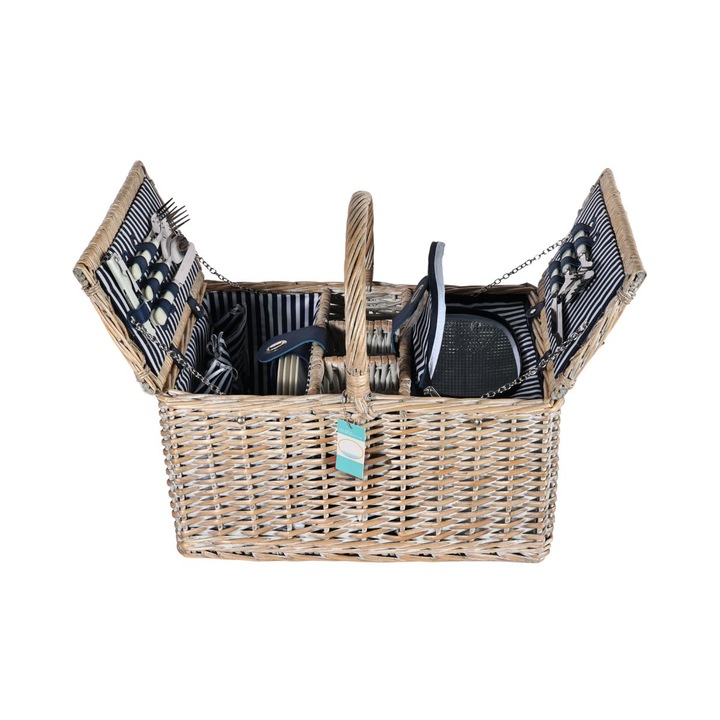 Кошница за пикник за 4 човека от естествена ракита, със сервиз и хладилна чанта, светло кафява, Hectarul