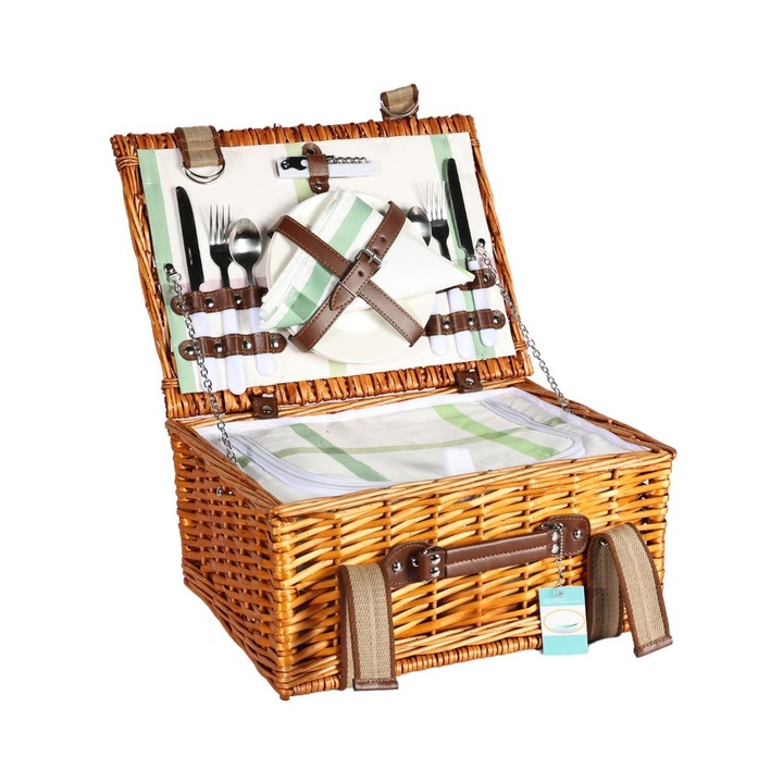 Кошница за пикник за 2 човека от естествена ракита с включени прибори, хладилна чанта и съдове, кафява, Hectarul