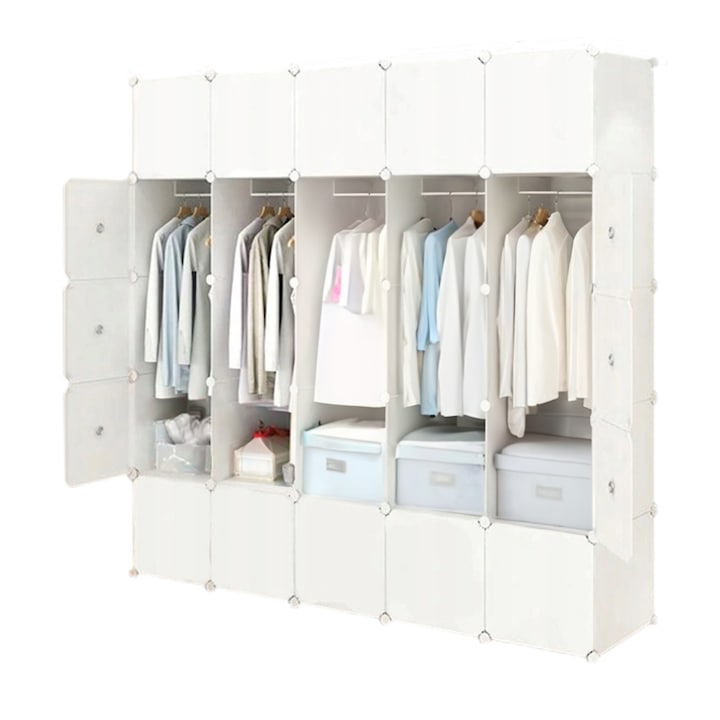 Dulap, modular, 15 rafturi, pentru haine, alb, 183 cm x 47 cm x 183 cm