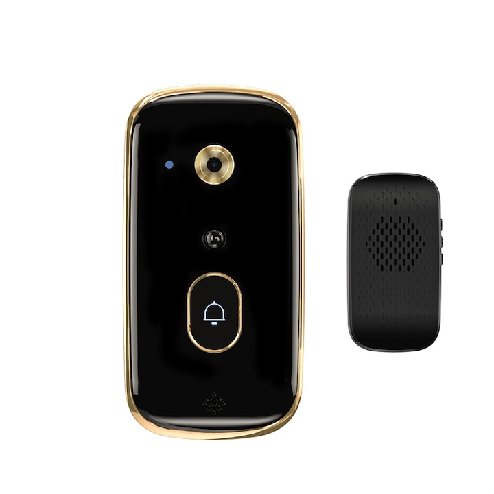Intelligens video csengő X10, Vezeték nélküli, Otthoni megfigyelő video kaputelefon, Infravörös HD éjjellátó, Intelligens, 6 hónapos autonómia, Modern dizájn, Mozgásérzékelő, Hangváltó funkció, Fekete