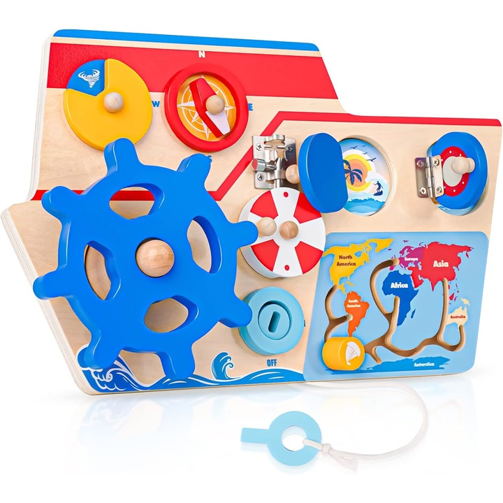 Placa interactiva Montessori, Vaporul Piratilor, din lemn, SARALMA®