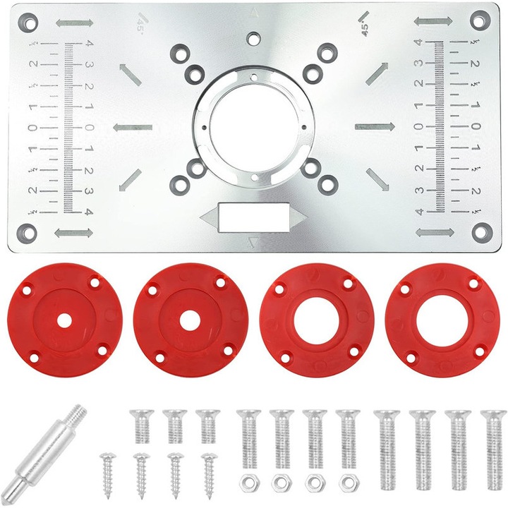 Placa inserare masa de frezat cu inele, JENOUS®, rezistent la rugina si durabil, design cu scara de dimensiuni duble, aluminiu/plastic, 235x120x8 mm, Argintiu/Rosu