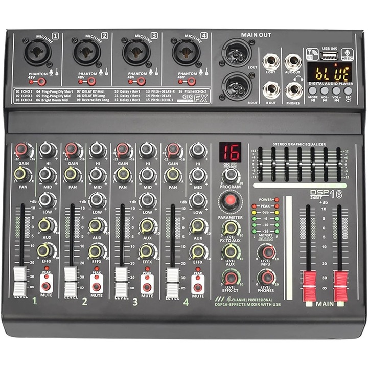 DJ пулт, 48 V, 4 канала, Bluetooth, 16 DSP ефекта, EU щепсел, сив