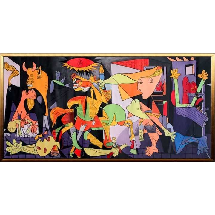 Tablou abstract pictat manual, Pictura in cutit ulei pe panza, Textura impasto, Guernica, 150x80cm