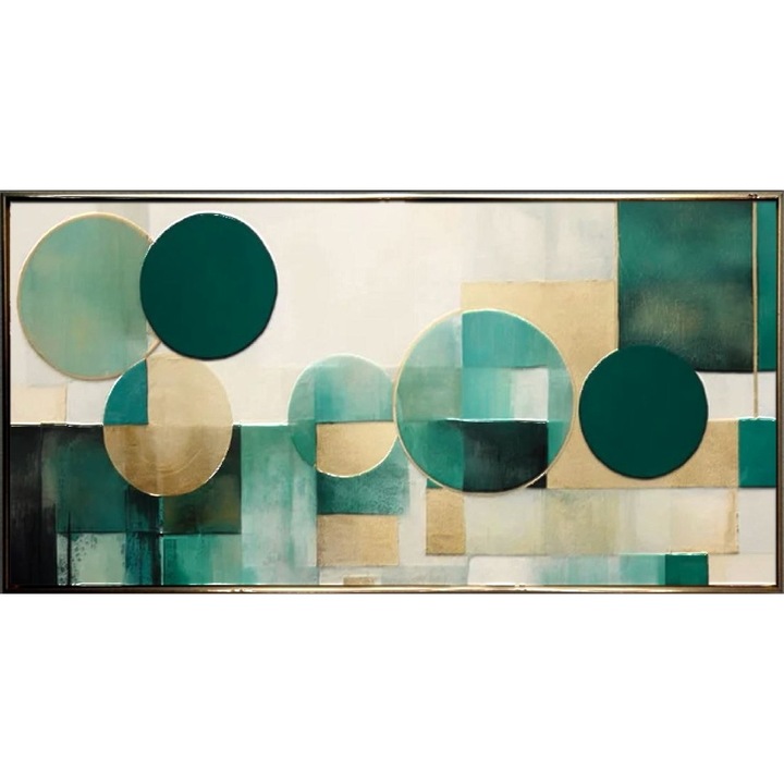 Tablou abstract pictat manual, Pictura in cutit ulei pe panza, Textura impasto, Cercuri, 150x80cm