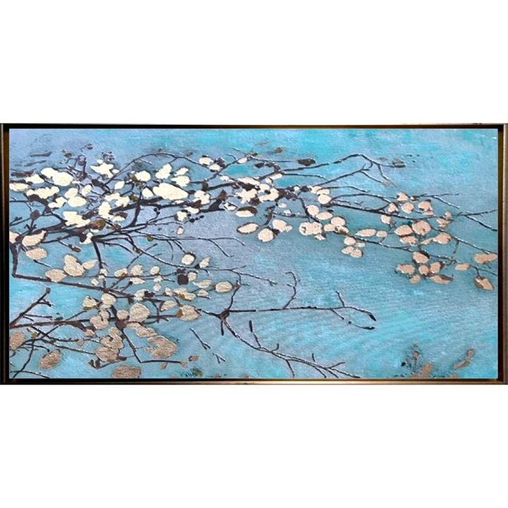 Tablou pictat manual, abstract modern, Pictura in cutit ulei pe panza, Textura impasto, Ramuri inflorite, 150x80cm