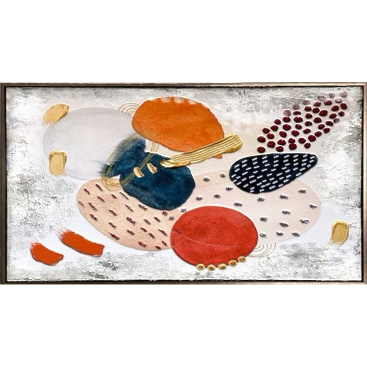 Tablou pictat manual, abstract modern, Pictura in cutit ulei pe panza, Textura impasto, Pete culori, Foita de aur, 150x80cm