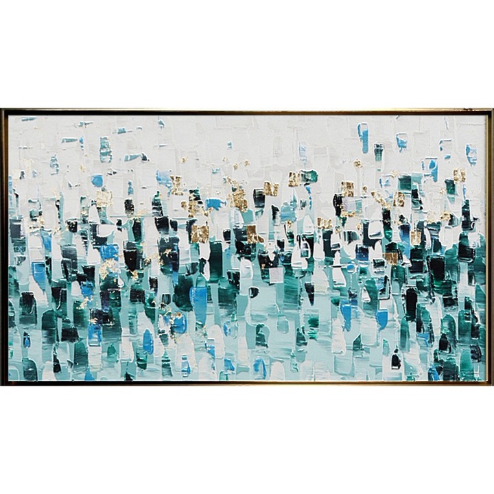 Tablou pictat manual, abstract modern birou, Pictura in cutit ulei pe panza, Textura impasto, pointillism albastru auriu, Foita de aur, 150x80cm