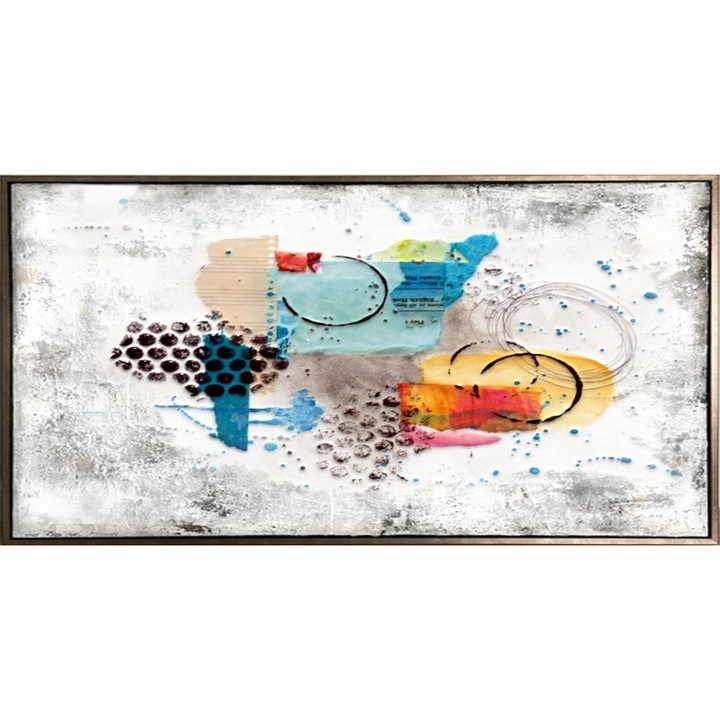Tablou abstract pictat manual, Pictura in cutit ulei pe panza, Textura impasto, Matrix, Pete colorate, Multicolor, 150x80cm