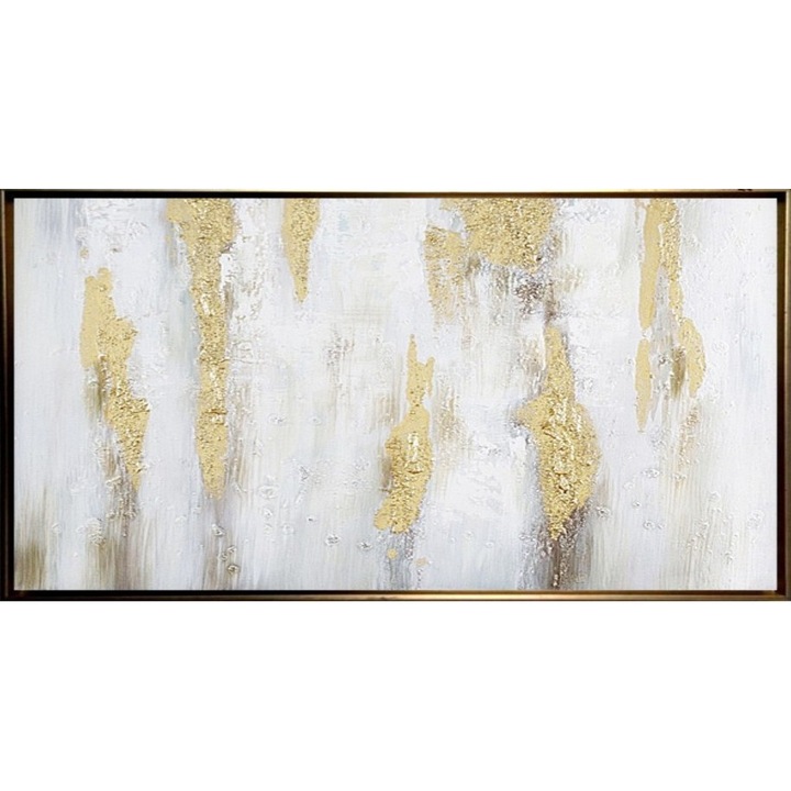 Tablou pictat manual abstract manual, Pictura in cutit ulei pe panza, Textura impasto, Ceata, Auriu Gri Alb, Foita de aur, 150x80cm