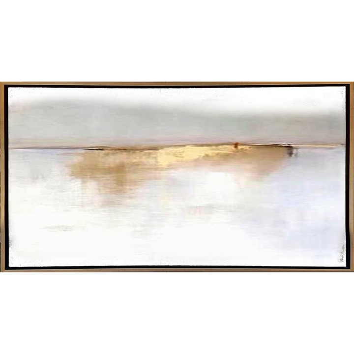 Tablou pictat manual abstract modern, Pictura in cutit ulei pe panza, Textura impasto, Rasarit, Auriu Alb, Foita de aur, 150x80cm