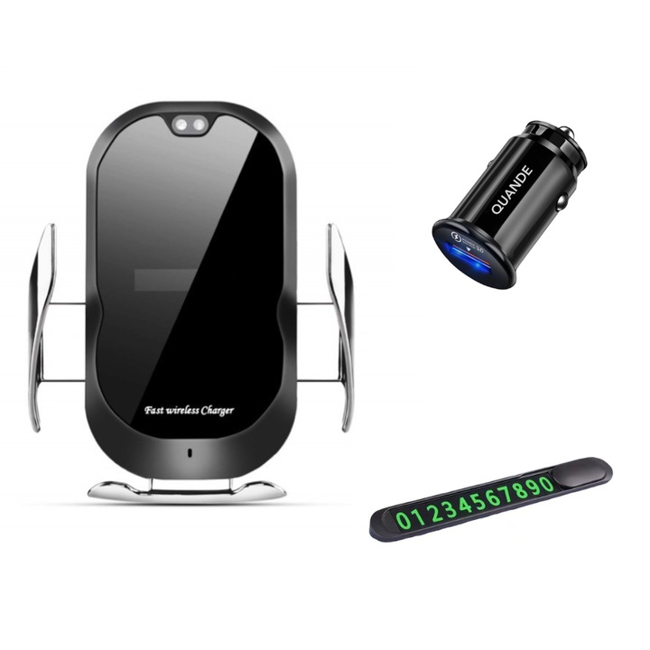 3 db-os készlet, Smart vezeték nélküli gyorstöltő 15W autós tartó, QUANDES, 18W autós adapter, 3.0, Ideiglenes parkoláshoz telefonszám kijelzővel ellátott autós tartó