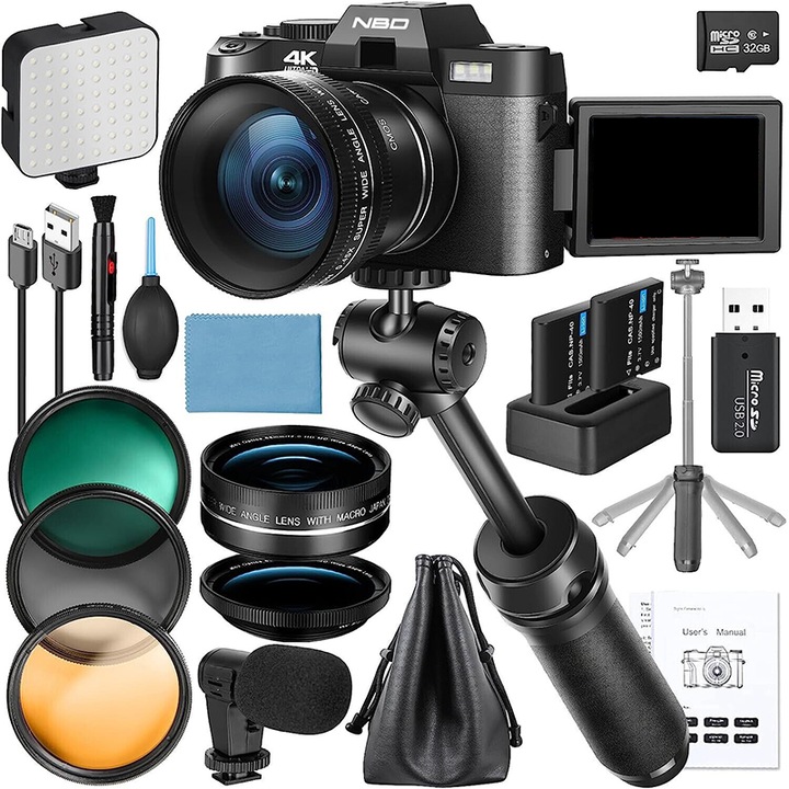 Цифров фотоапарат, NBD, 48 MP, 4K, 16X цифрово увеличение, 3 цветни филтъра и дръжка за статив, черен