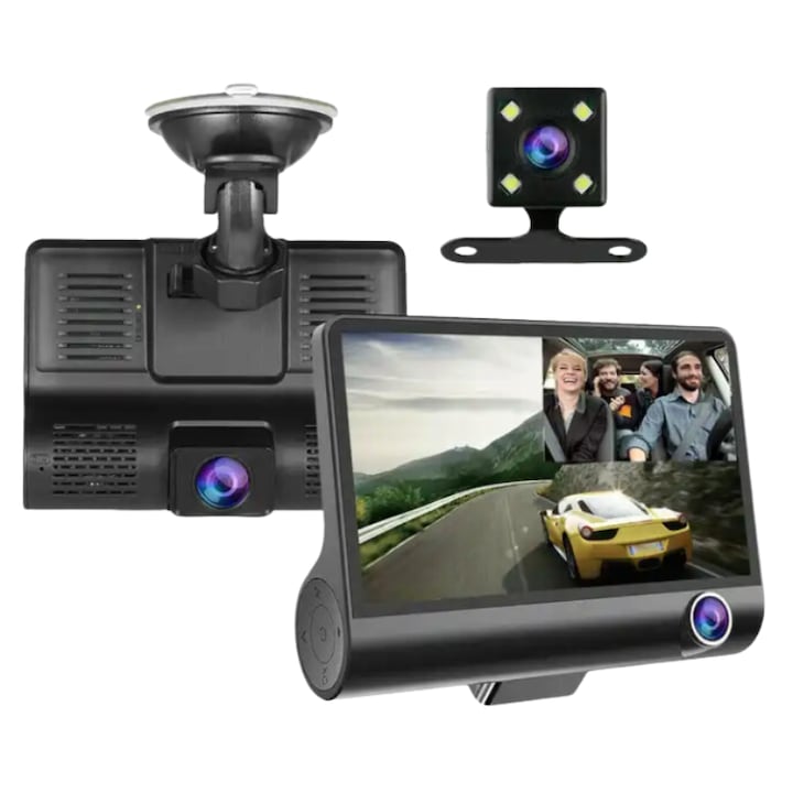 Видеорегистратор, 4" монитор, тройна камера за кола, Full HD, Помощ при паркиране, Циклично записване, Сензор за гравитация, Засичане на движение, Черен