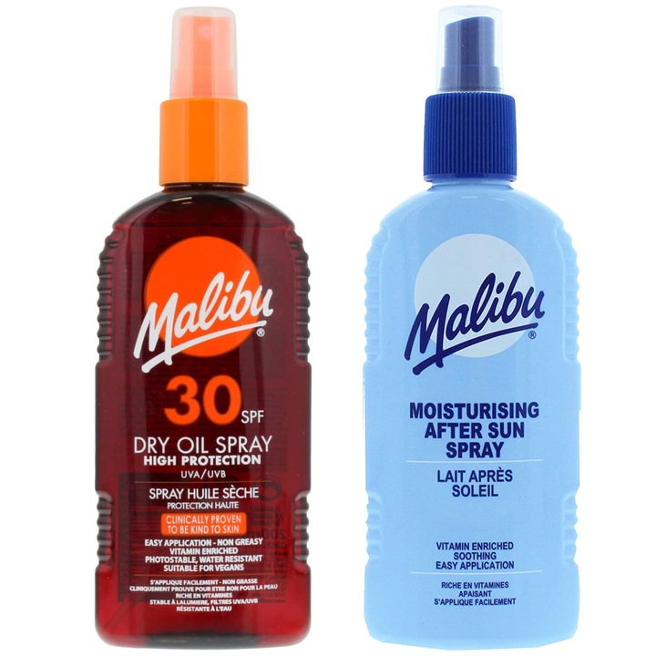 Barnítóolaj SPF30 200 ml + barnulás utáni spray balzsam 200 ml szett, Malibu, minden bőrtípusra, uniszex