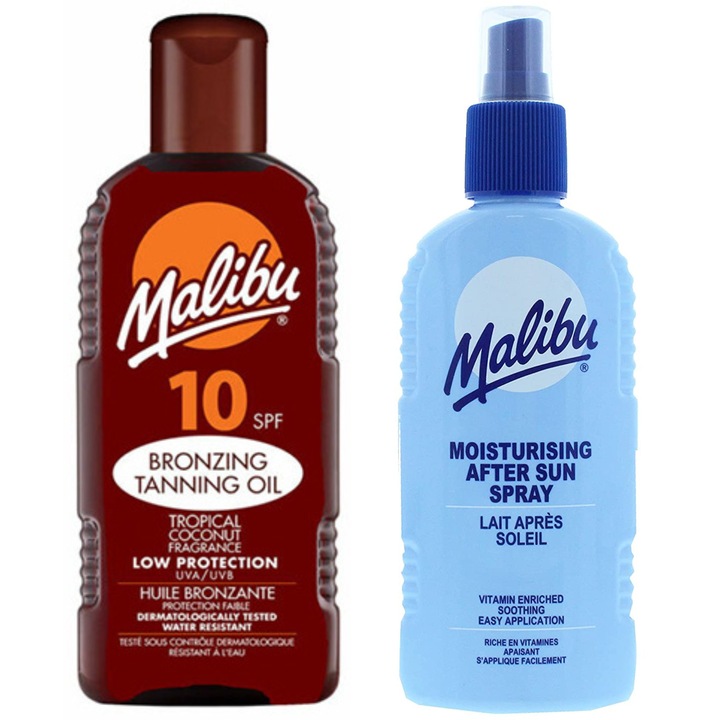 Set ulei de bronzare Malibu SPF10 200ml + balsam de pulverizare dupa bronzare 200ml, protectie scazuta, unisex