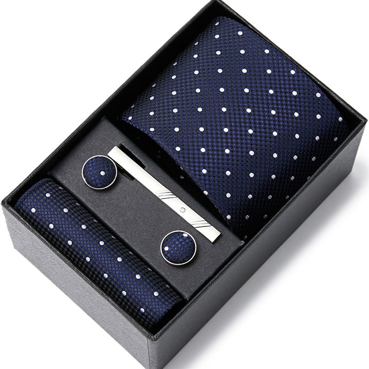 Set elegant de cravata, JENOUS®, cu 2butoni + batista + ac, 146x7.5x3.5cm, Negru