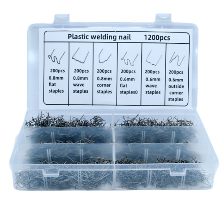 Set 1200 bucati capse metalice, Axroad Mall, Cleme model tip M/V, Robust si durabil, Cu cutie de depozitare, Pentru aparat sudat plastic, reparat bara auto, repararea fisurilor, Otel inoxidabil, 0.6/0.8 mm, Argintiu