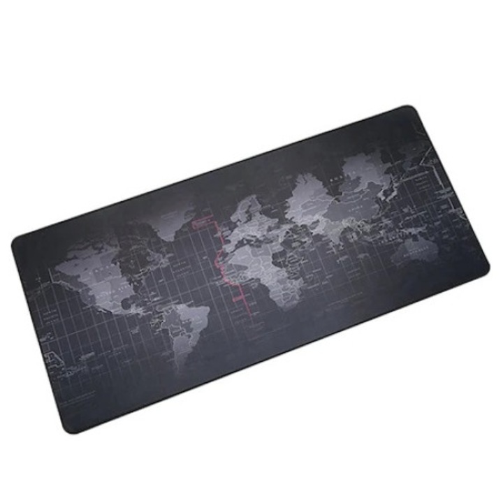 Mousepad Mare Cauciucat, Pentru Gaming, Birou, Office, Antiderapant, Cusaturi Anti-Rupere, Waterproof, model Harta, 80 x 30cm, Negru