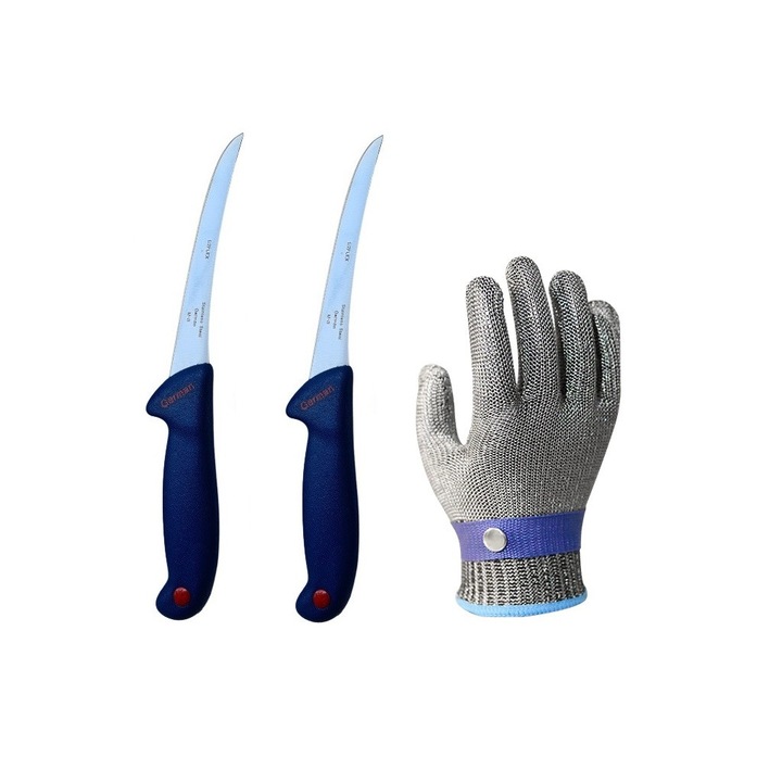 Set Profesional macelar format din 2 Cutite pentru dezosat, 28 cm si Manusa anti taiere M, plasa inox