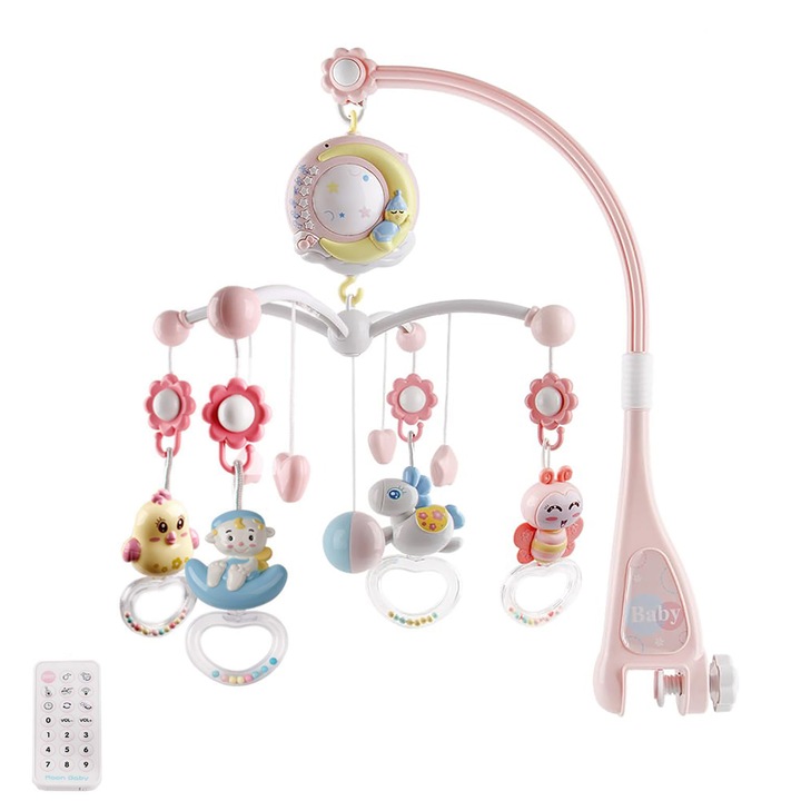 Бебешка кошара въртележка, функция за синхронизация на проектора и светлините, дистанционно управление, 150 песни, за 0-24 месеца, розово