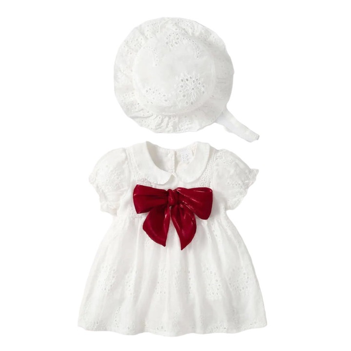 Rochie alba si palarie, 100% bumbac, cu fundita ELISA, Alb