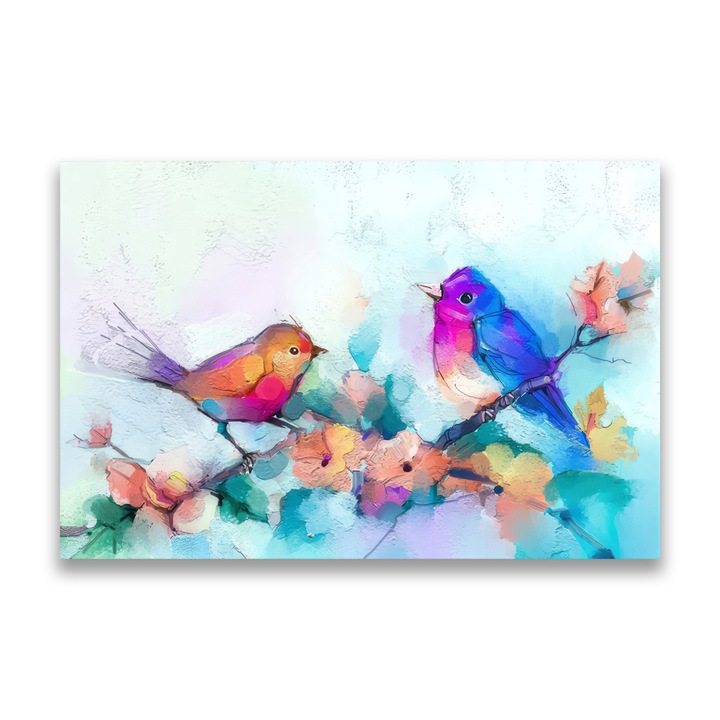 Картина на платно, LuxCanva A1335, Две птици, 60 X 90 CM, 100% памучно платно 400g/m2, Дървена рамка, Всекидневна, Птици, Цветя, Многоцветна, Спалня, Живи цветове