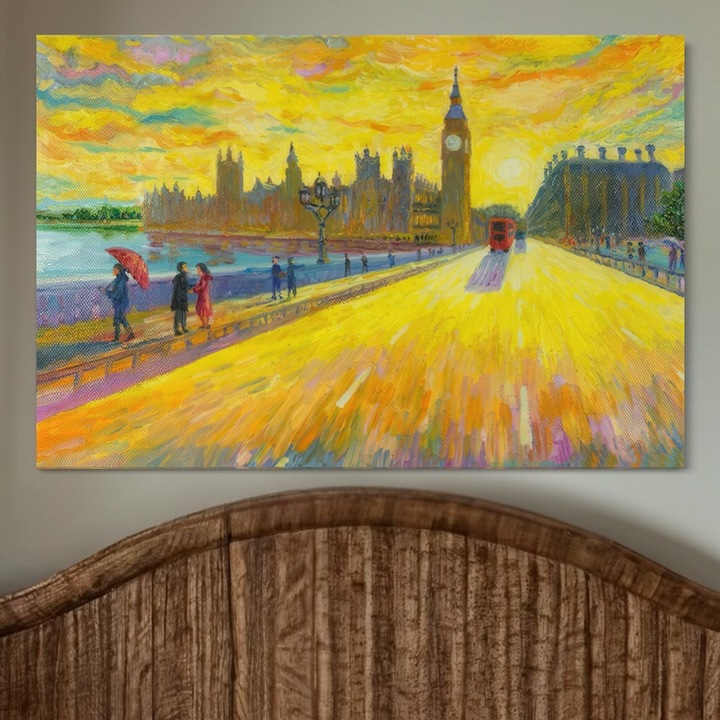 Премиум картина върху платно, LuxCanva® A1337, Лондонска улица, 100 X 150 см, 100% памучно платно 400 г/м2, дървена рамка, студио, Лондон, хора, мост, ходене, релаксация, спалня, ярки цветове