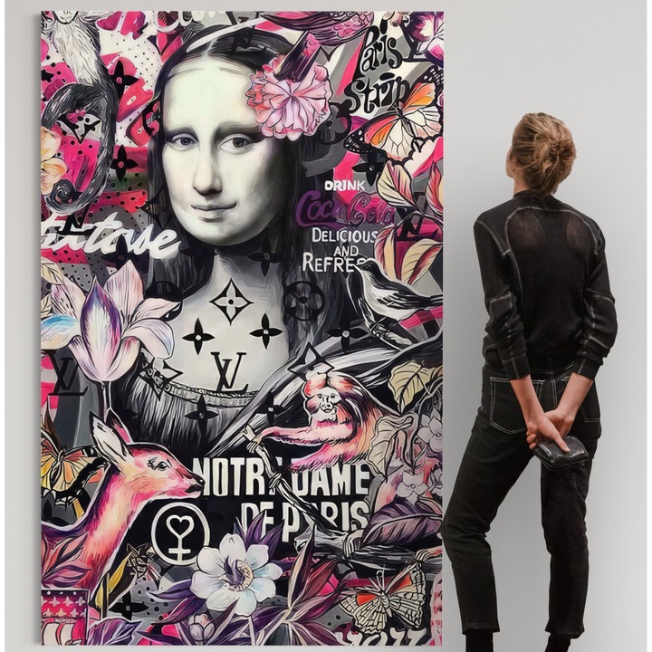 Премиум картина върху платно, LuxCanva® A1339, Графити на Мона Лиза, 100 X 150 см, 100% памучно платно 400 г/м2, дървена рамка, хол, абстрактно, цветно, напитка Колка-Кола, студио, ярки цветове