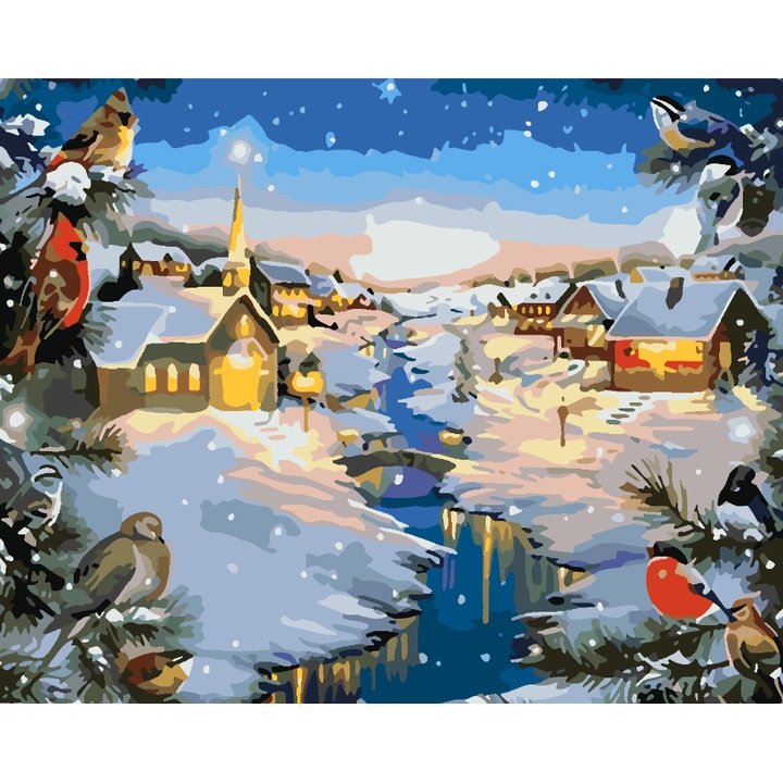 Set pictura pe numere Satuc iarna 4012, panza bumbac pe rama lemn, 40x50 cm, tablou cu schita, 3 pensule si vopsea acrilica