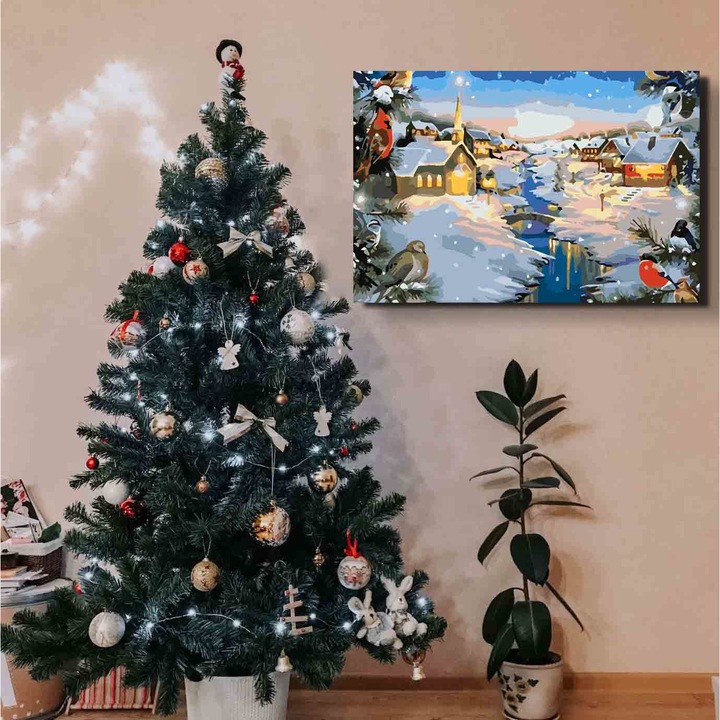 Set pictura pe numere Satuc iarna 4012, panza bumbac pe rama lemn, 40x50 cm, tablou cu schita, 3 pensule si vopsea acrilica