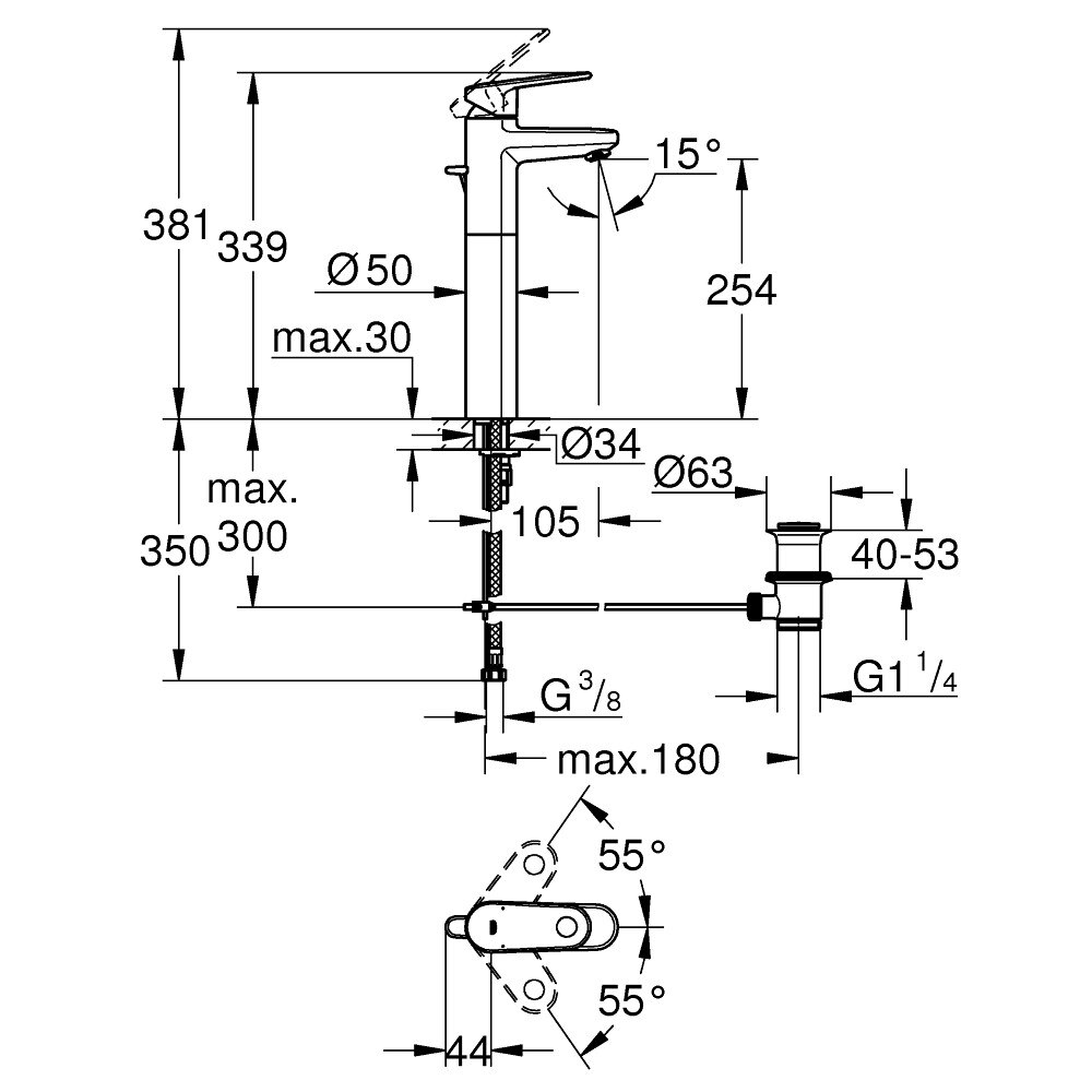 Baterie chiuveta, Grohe, 339 x 105 mm, Argintiu - eMAG.ro