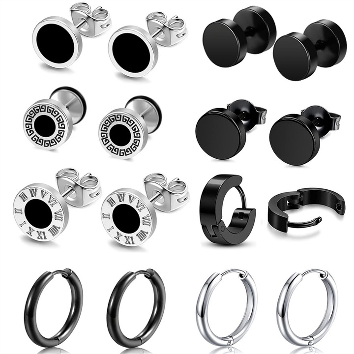 Set 8 perechi de cercei, BOMSTOM, Model punk, Otel inoxidabil, Negru/argintiu