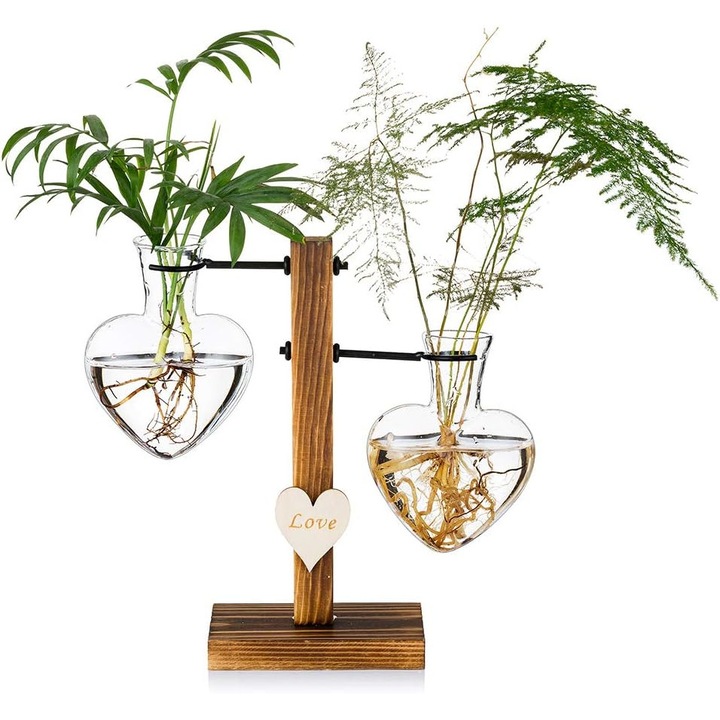 Vaza hidroponica, Lemn/Sticla, 20 x 11.5 cm, Stil retro, Maro/Transparent