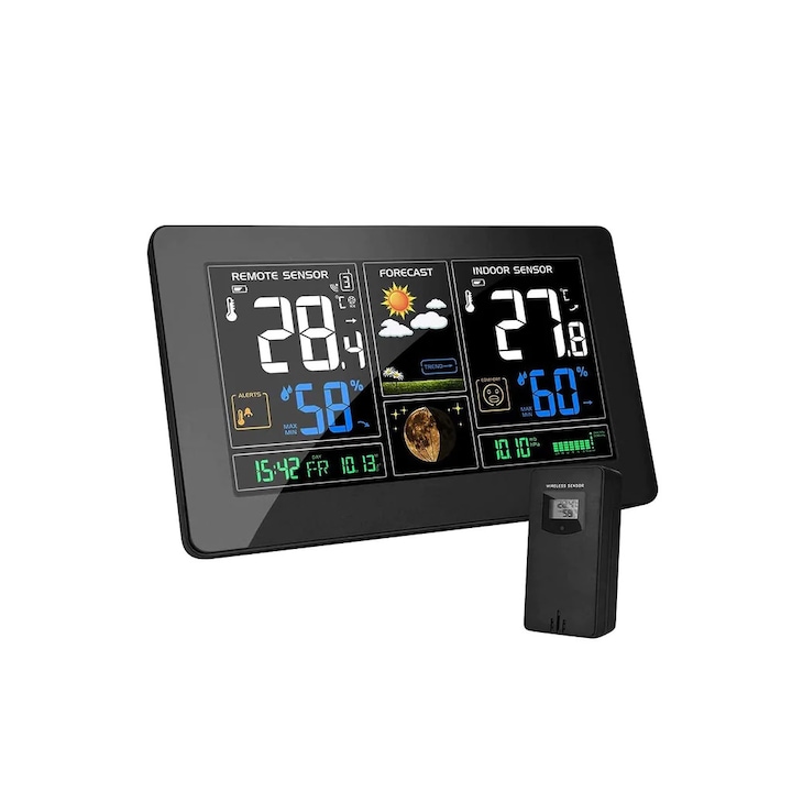 Statie meteo multifunctionala, MOHOO, afisaj LCD pentru interior si exterior cu prognoza meteo, termometru, hidrometru, alarma, calendar, negru
