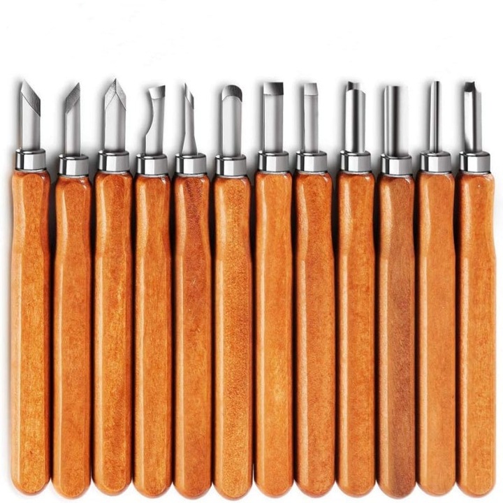 Комплект от 12 аксесоара за дърворезба, JESWO, остриета от въглеродна стомана, кафяво/сребристо