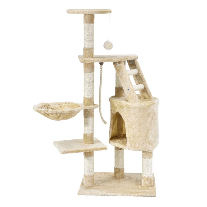 Ansamblu de Joaca pentru Pisici Teno®, tip turn, 1 platforma de observatie, 4 niveluri, 1 casuta, scara, franghie si mingiute de joaca, stalpi pentru zgariat, captuseala extra moale, structura stabila, 118 cm, bej