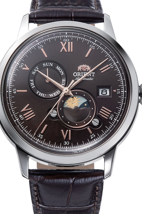 ORIENT, Автоматичен часовник с кожена каишка, Сребрист, Тъмнокафяв